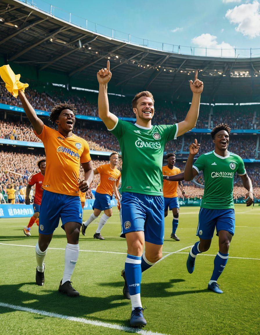 An energetic football scene featuring a diverse group of players celebrating a goal on a vibrant green pitch, with enthusiastic fans in the background holding colorful banners. Include a dynamic display of football gear, a bright stadium atmosphere, and hints of tips or insights in speech bubbles around the players. The sky should be a brilliant blue, highlighting a sunny day. super-realistic. vibrant colors. 3D.