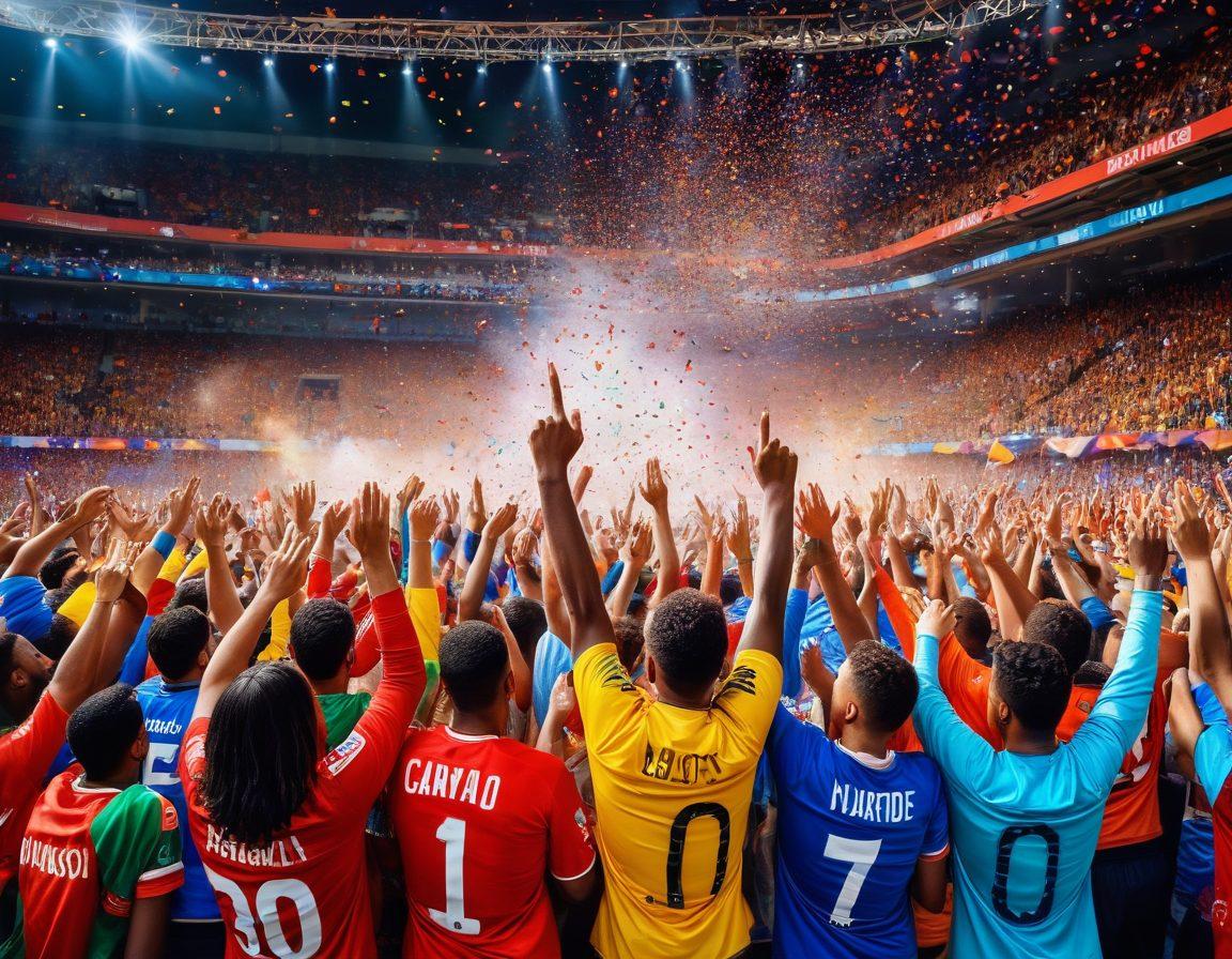 A lively scene of diverse football fans passionately cheering in a stadium, wearing vibrant team jerseys, holding banners and flags. In the background, a glowing digital screen showcases the words 'Connect' and 'Community'. The atmosphere is electric with colorful confetti falling, symbolizing unity among enthusiasts. super-realistic. vibrant colors. 3D.